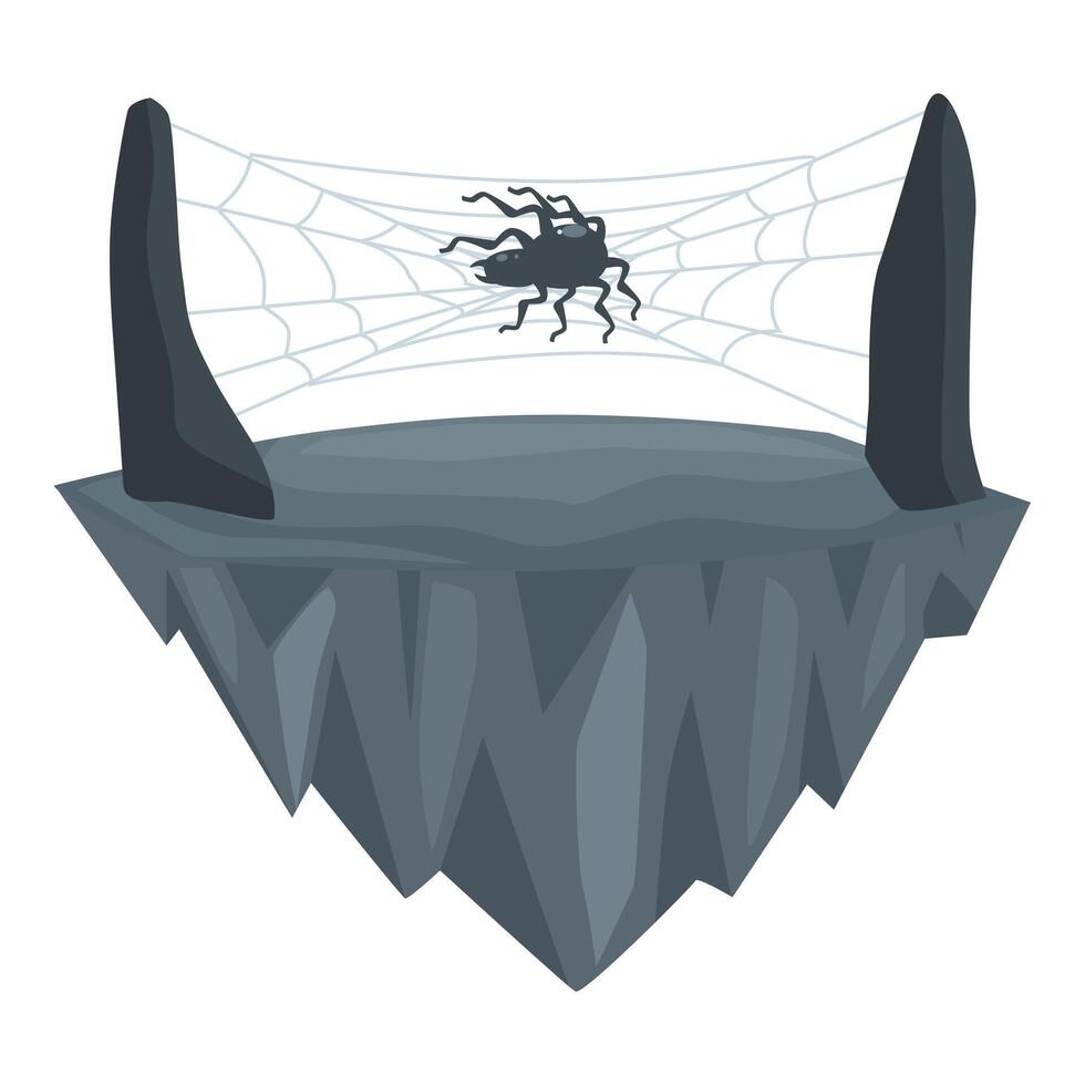 Giant spider building cobweb on floating rock island vector