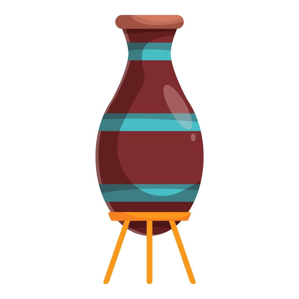 Big brown clay vase with stripes standing on wooden tripod vector