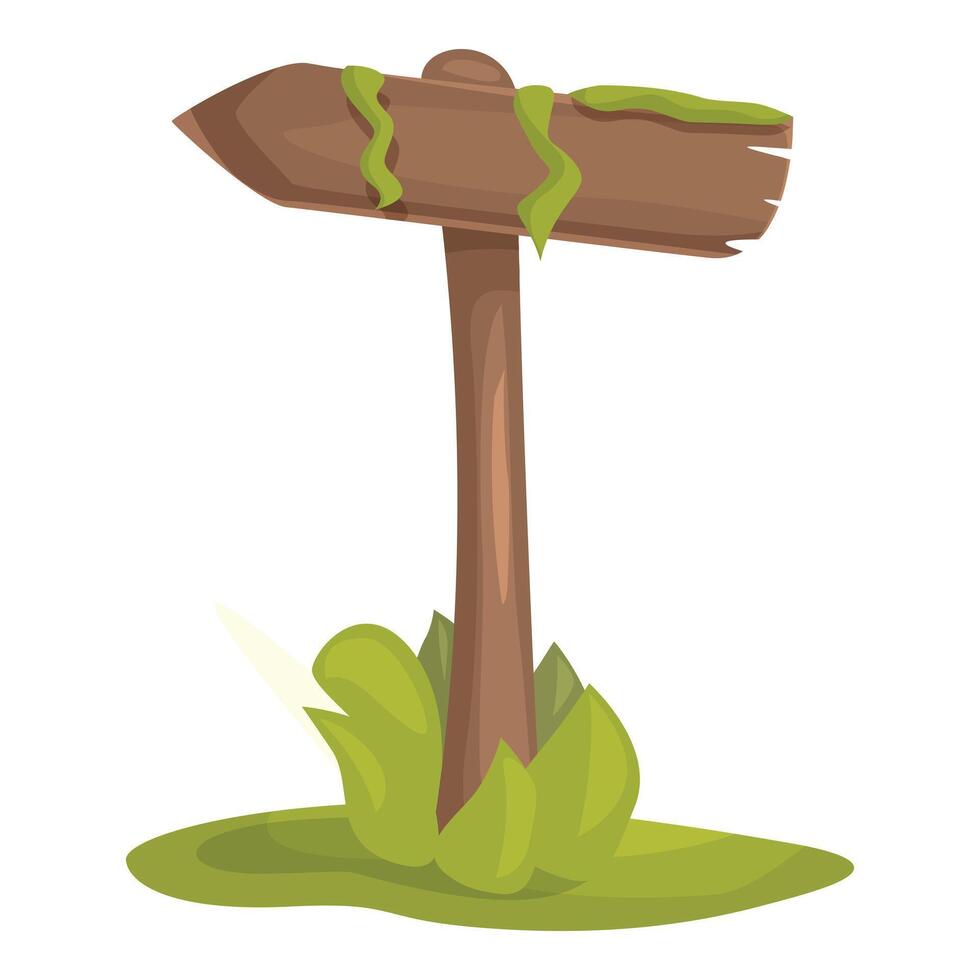 Old wooden blank signpost covered with green moss standing on grass vector