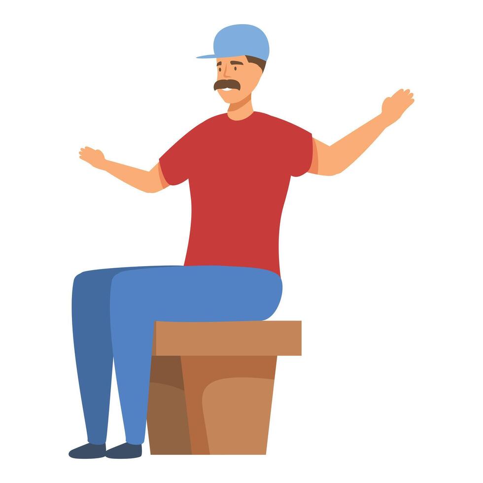 Delivery man sitting on wooden bench and explaining something vector