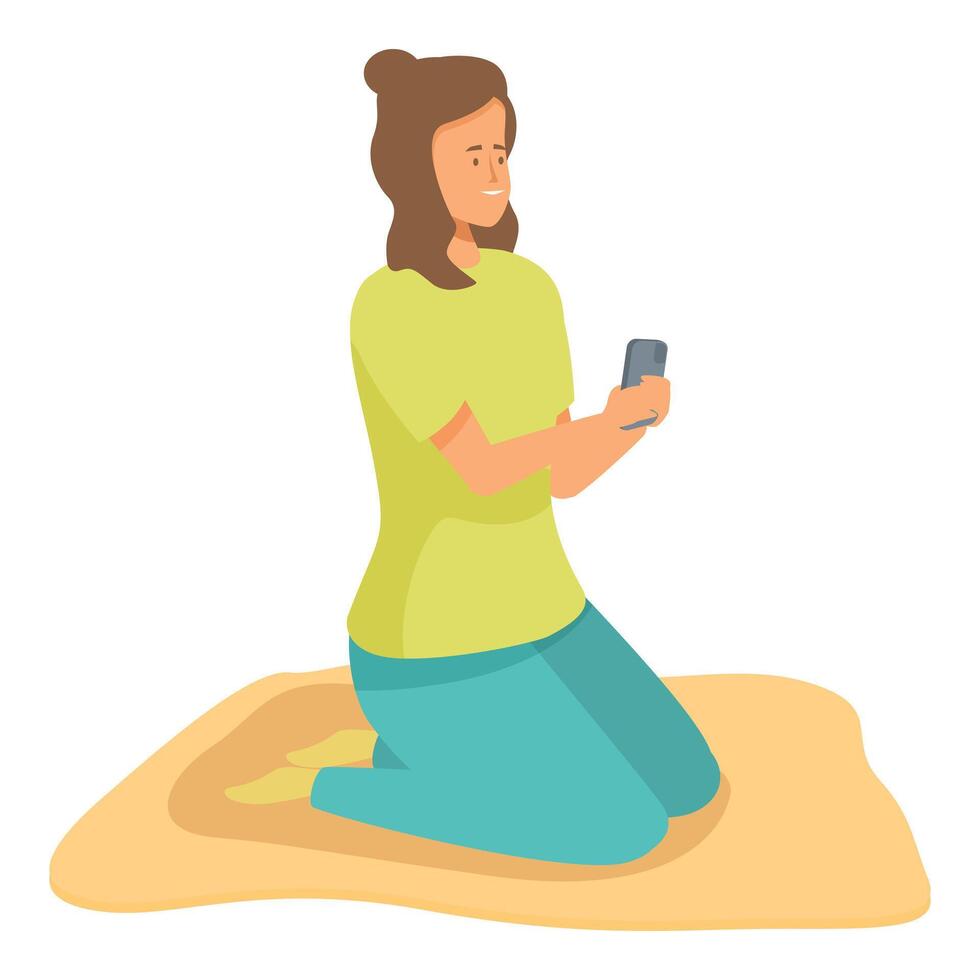 Young woman using smartphone while kneeling on blanket vector