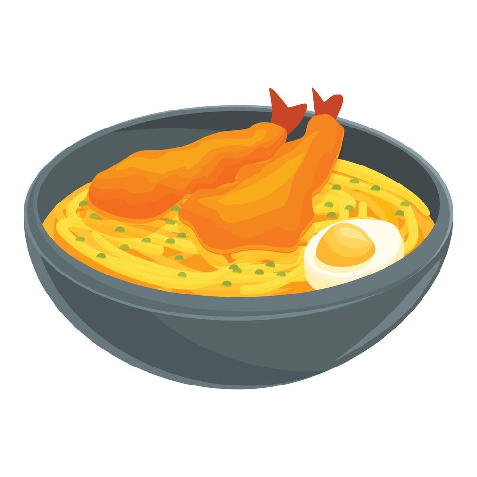 Bowl of ramen soup with shrimps and egg, asian cuisine dish vector
