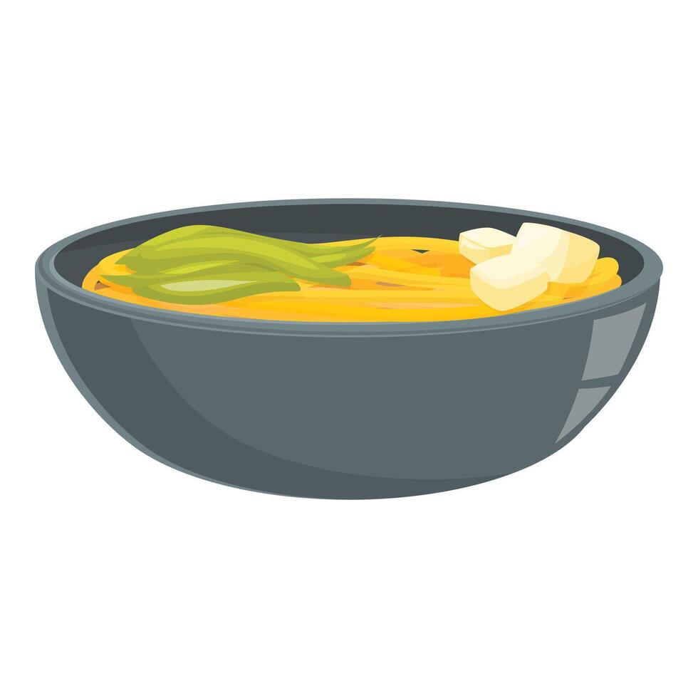 Steaming bowl of aromatic curry soup with coconut milk and green beans vector
