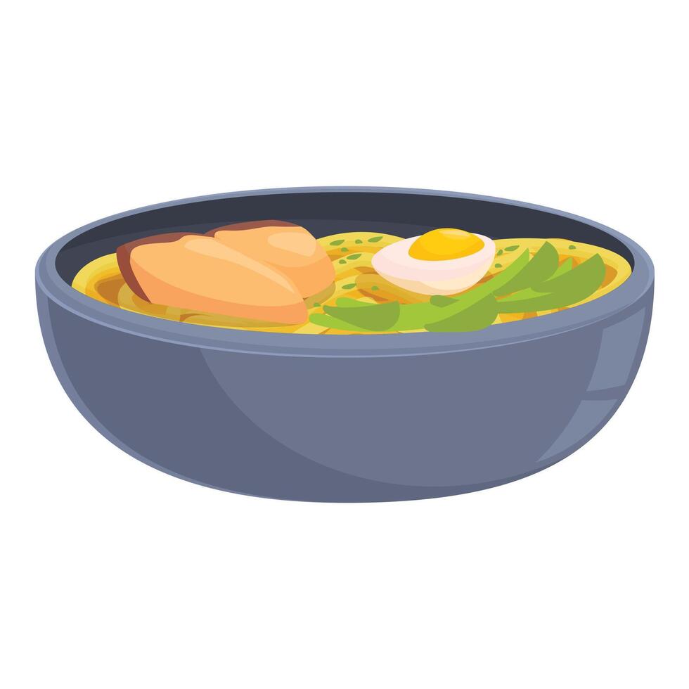 Bowl of ramen noodles with salmon, egg and green onions being served vector