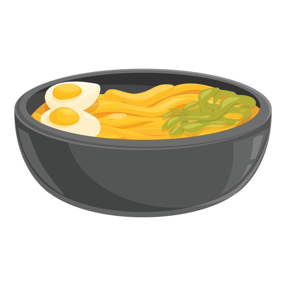 Steaming bowl of ramen noodles garnished with eggs and greens vector