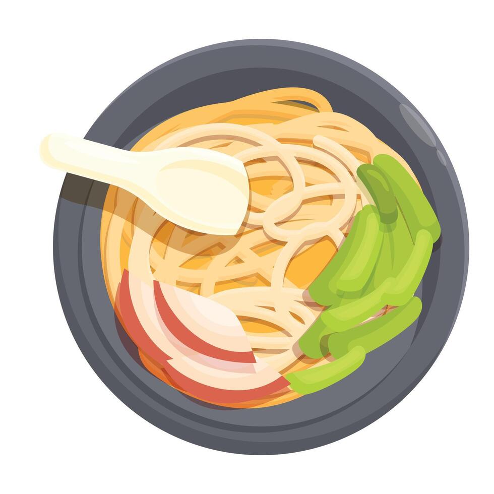 Bowl of ramen noodles being prepared with pork and green onions vector