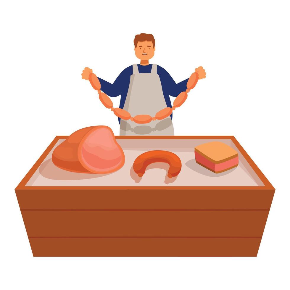 Butcher holding string of sausages over counter with meat products vector