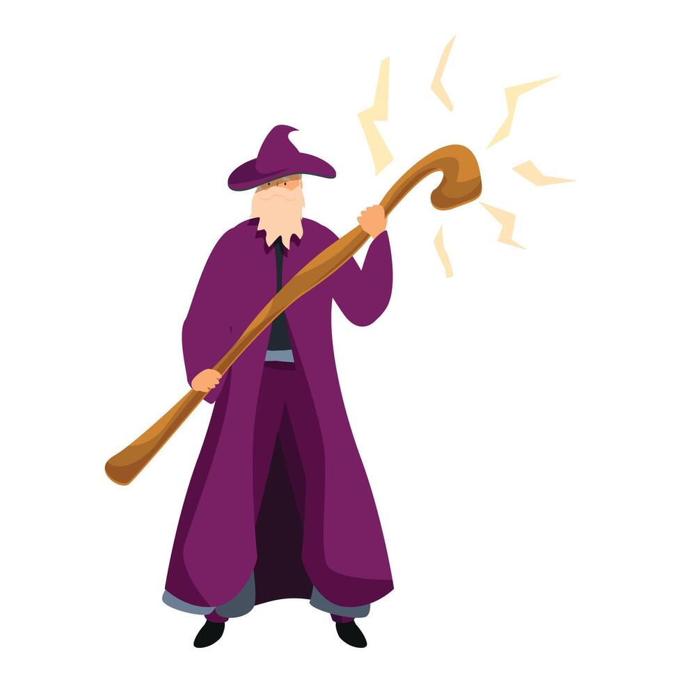 Powerful wizard holding wooden staff generating lightning bolts vector