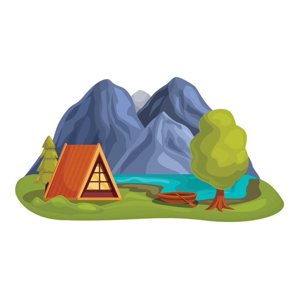 A frame cabin nestled on a serene lakefront with majestic mountains providing a breathtaking backdrop vector