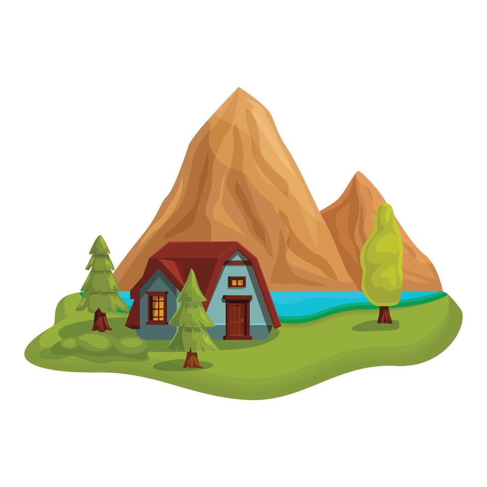 Small wooden chalet standing on green meadow near lake and surrounded by high mountains vector