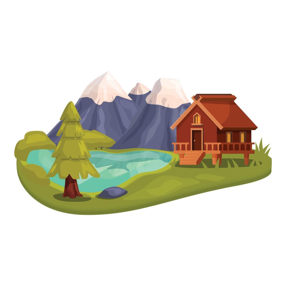 Wooden hut standing on lake shore near mountain range covered with snow vector