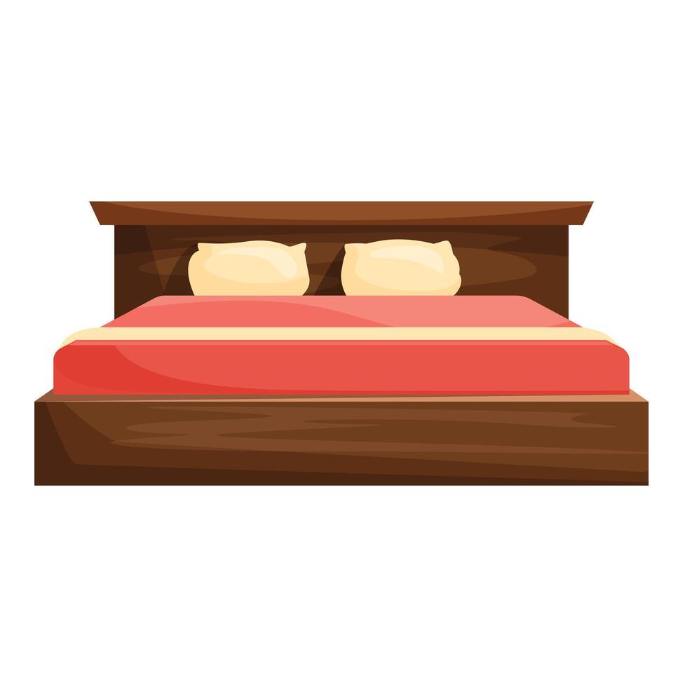 Double bed with wooden frame and red blankets standing on white background vector