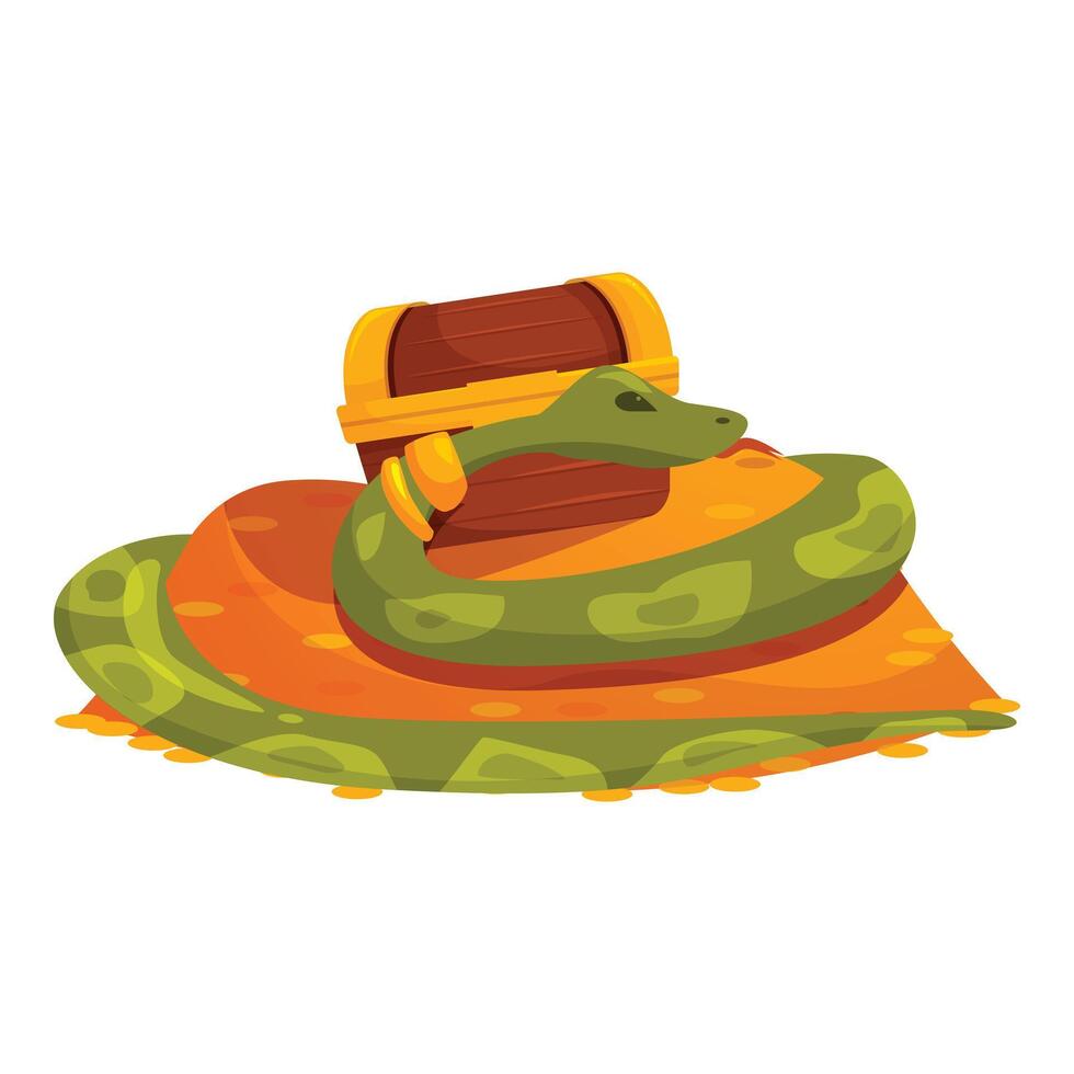 Green snake guarding wooden treasure chest and gold coins on island vector