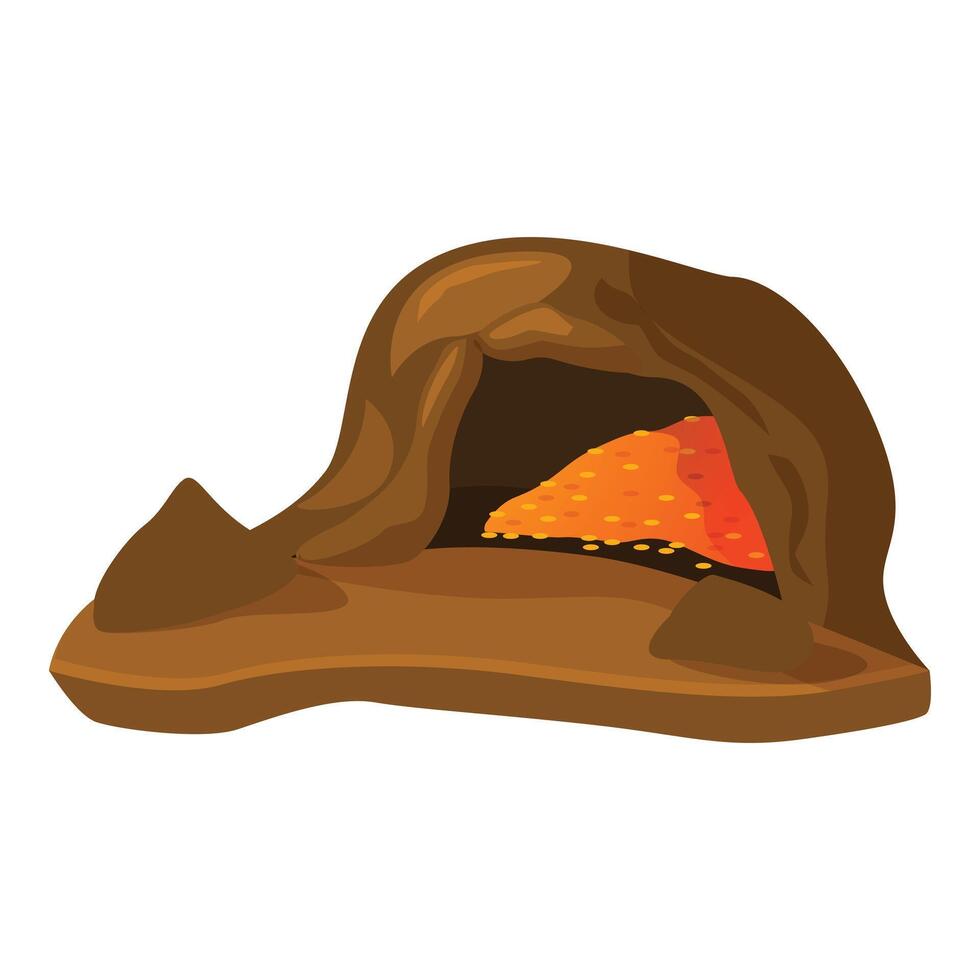 Brown cave entrance with pile of gold coins inside, treasure vector