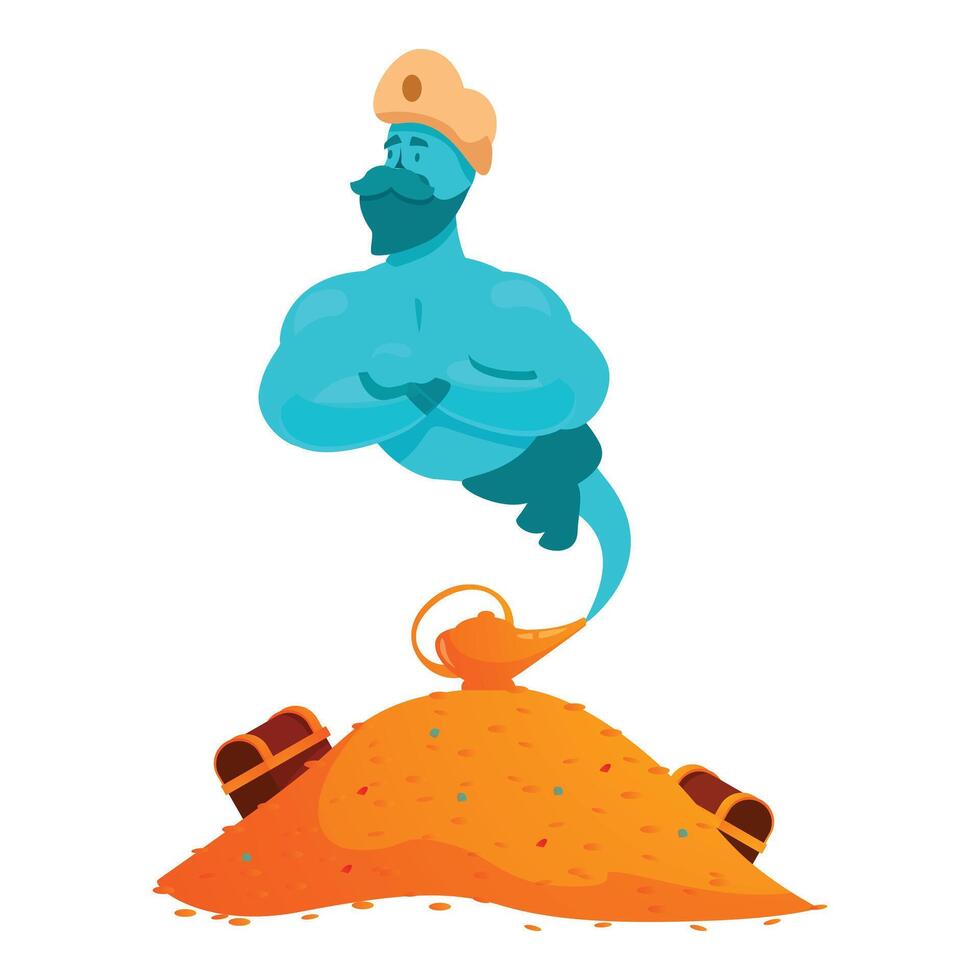 Blue genie emerging from magic lamp with treasure chest and gold coins vector