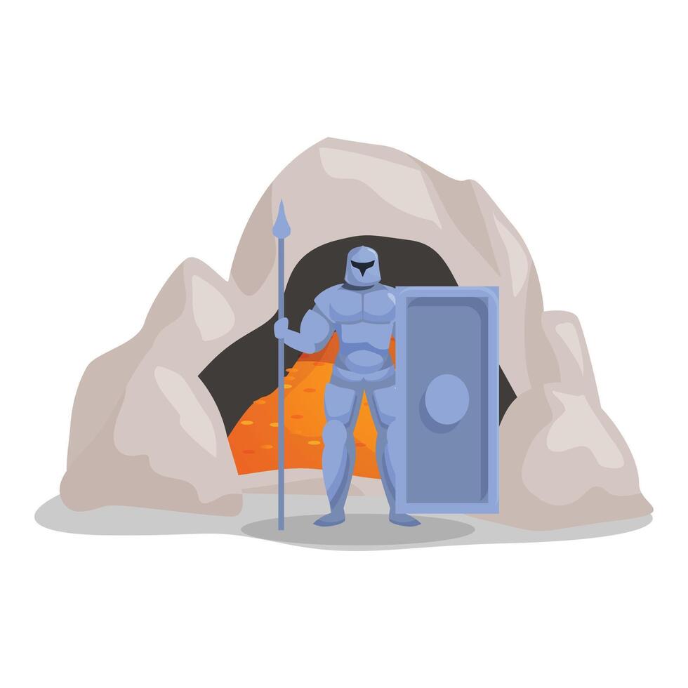 Medieval warrior guarding treasure cave with spear and shield vector