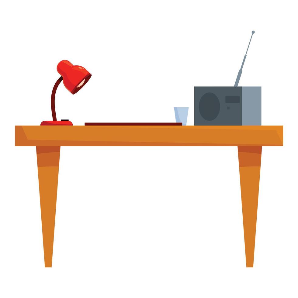 Empty wooden table with red desk lamp and radio receiver on top vector