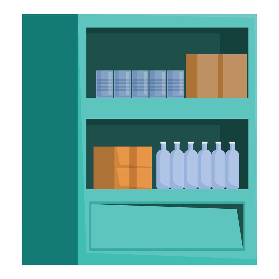 Metal storage shelf organizing canned goods and bottled water vector