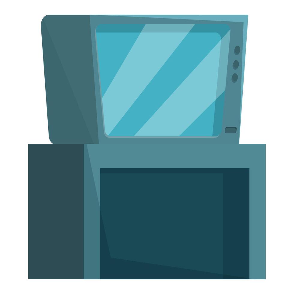 Old computer monitor displaying blue screen sitting on top of desktop computer tower vector