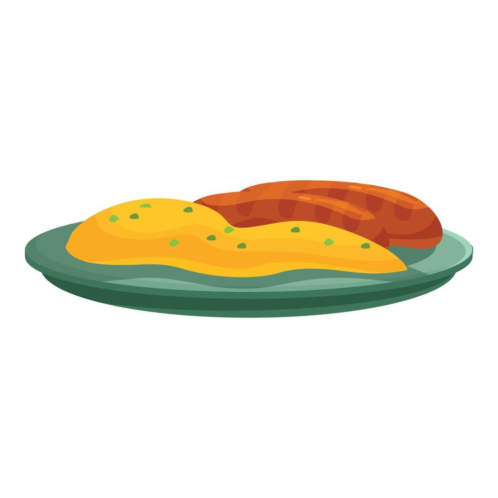 Grilled sausage lying near mashed potatoes on plate vector