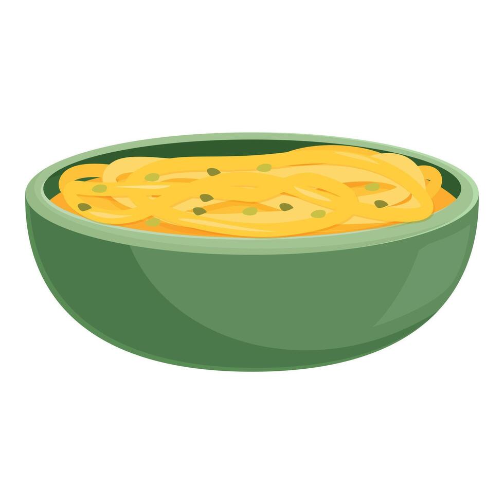 Green bowl containing spaghetti with cheese and herbs vector