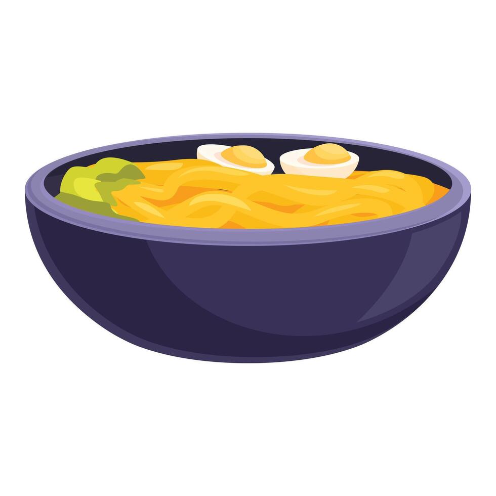 Steaming bowl of ramen noodles garnished with eggs and greens vector