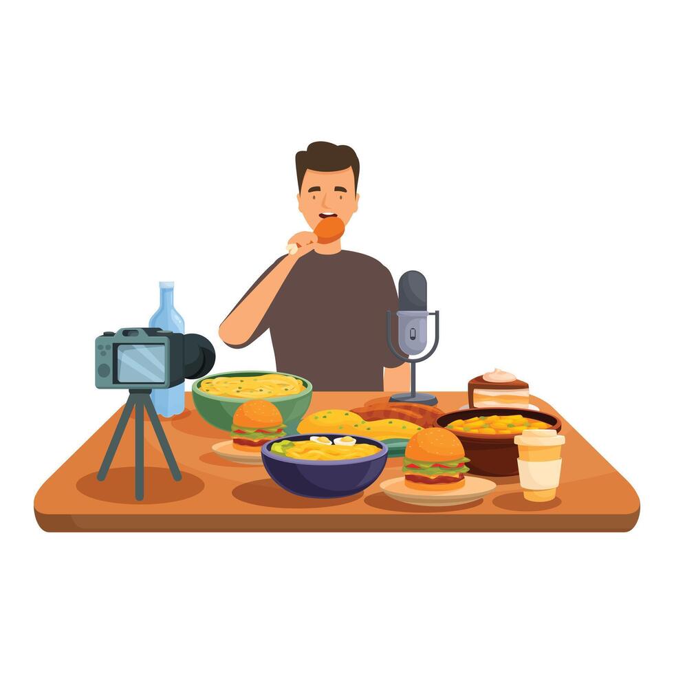 Food blogger recording eating show at home using camera vector
