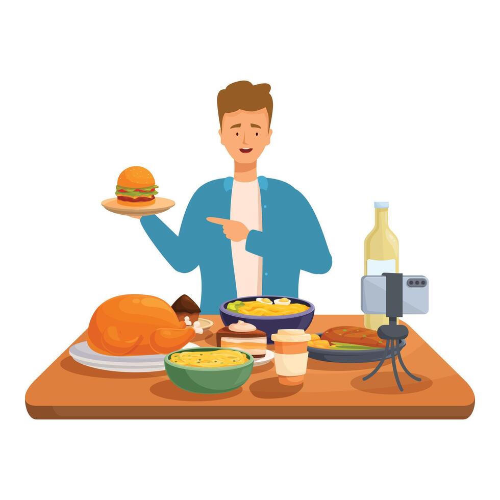 Food blogger is recording a for his blog using his smartphone vector