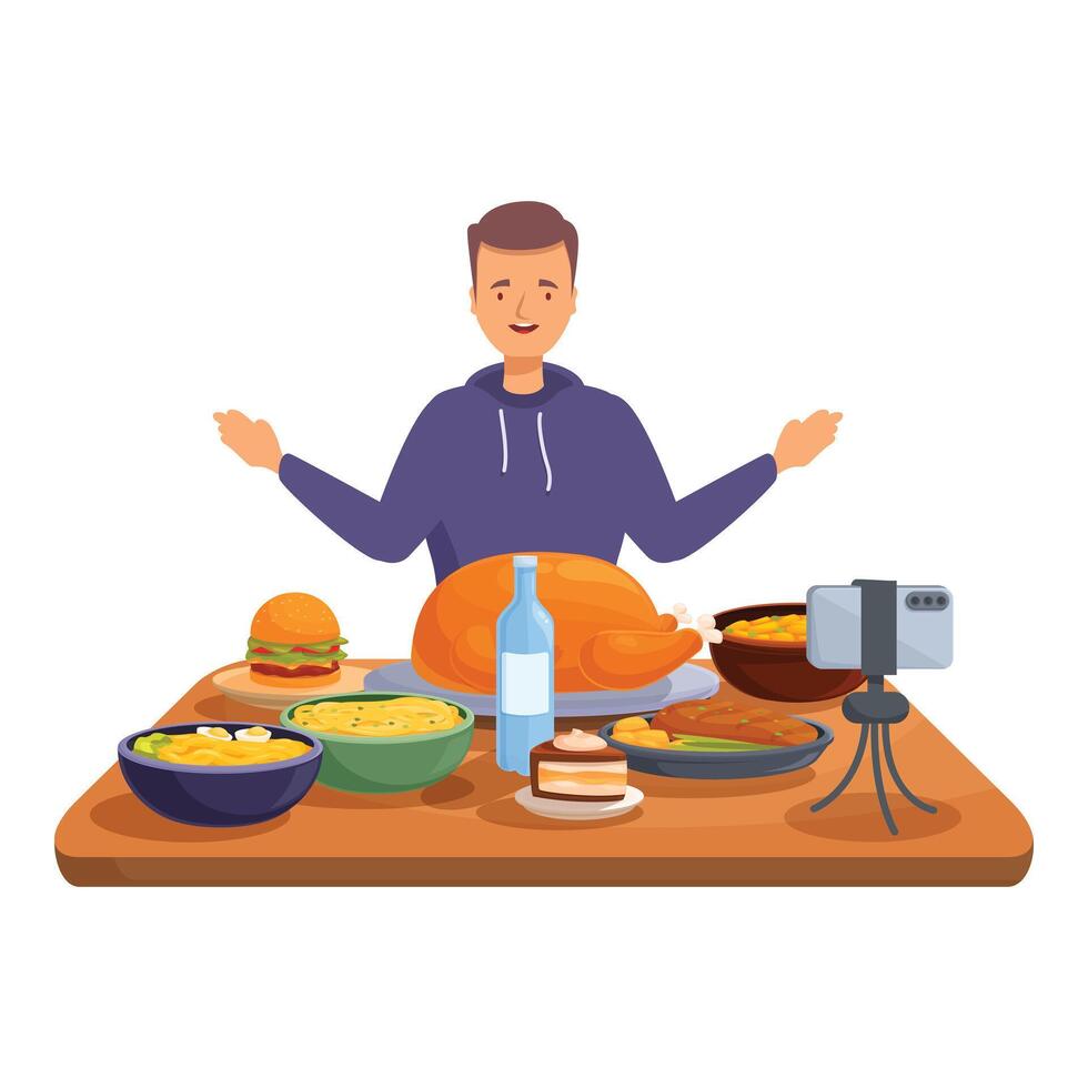 Food blogger making using smartphone at table full of food vector