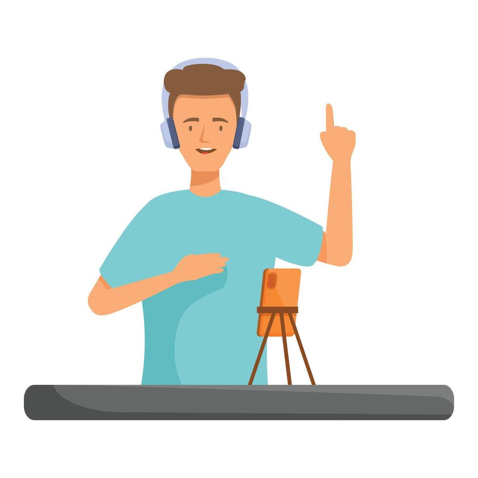 Young man recording blog using smartphone at home vector
