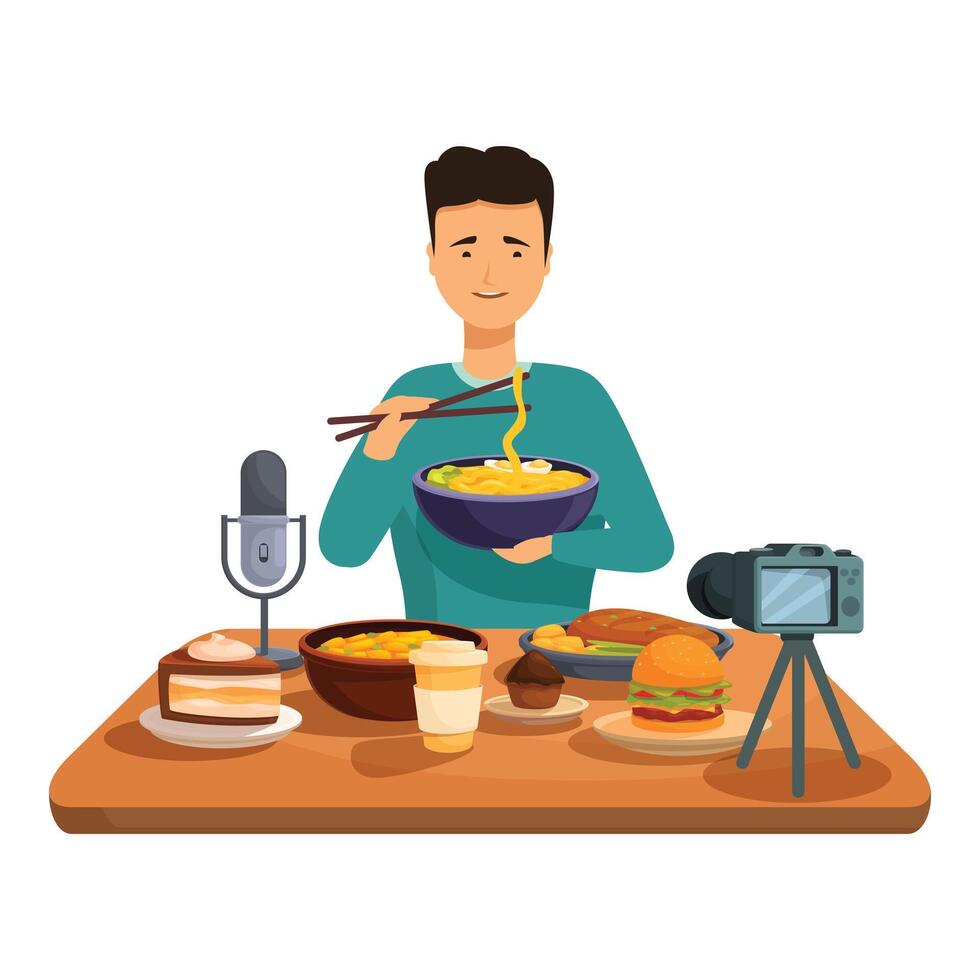 Food blogger recording using camera on tripod and eating noodles vector