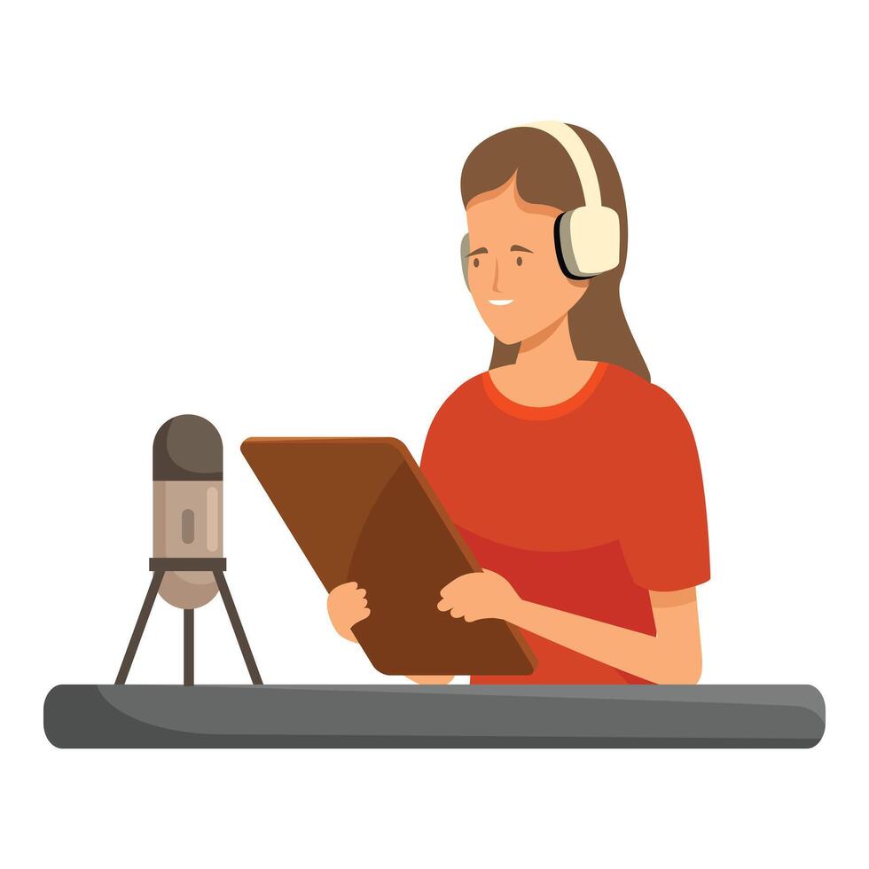 Female radio host recording podcast, talking in microphone and reading script vector