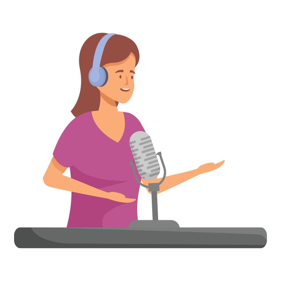Female radio host speaking into microphone with headphones vector