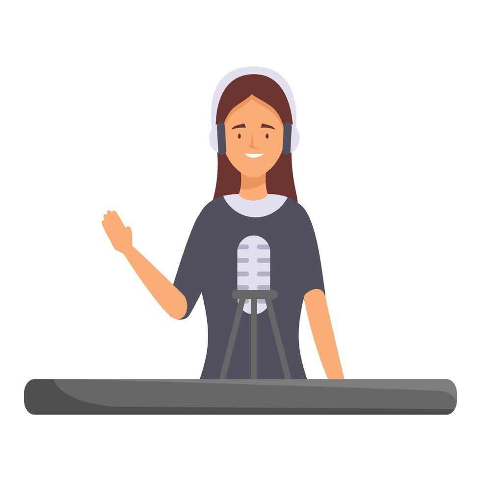 Young woman podcaster recording audio content using professional microphone vector