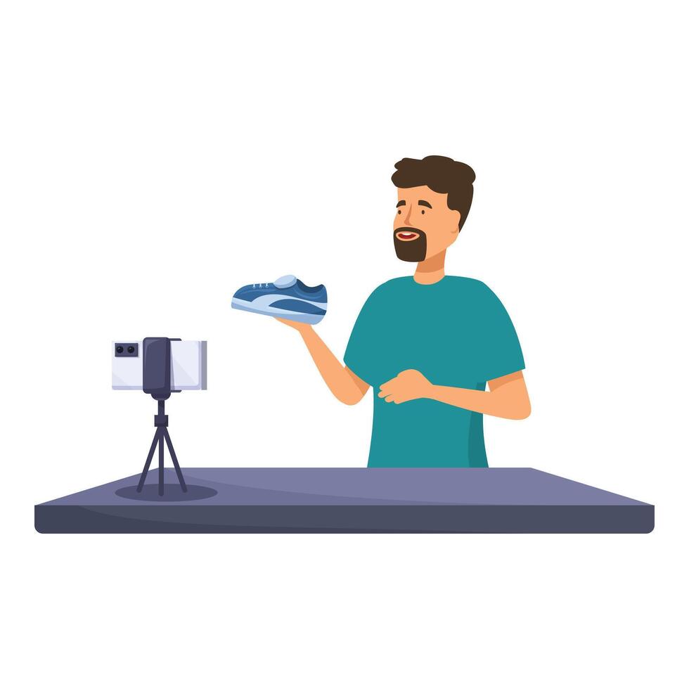 Shop assistant presenting new sport shoes collection during live streaming vector