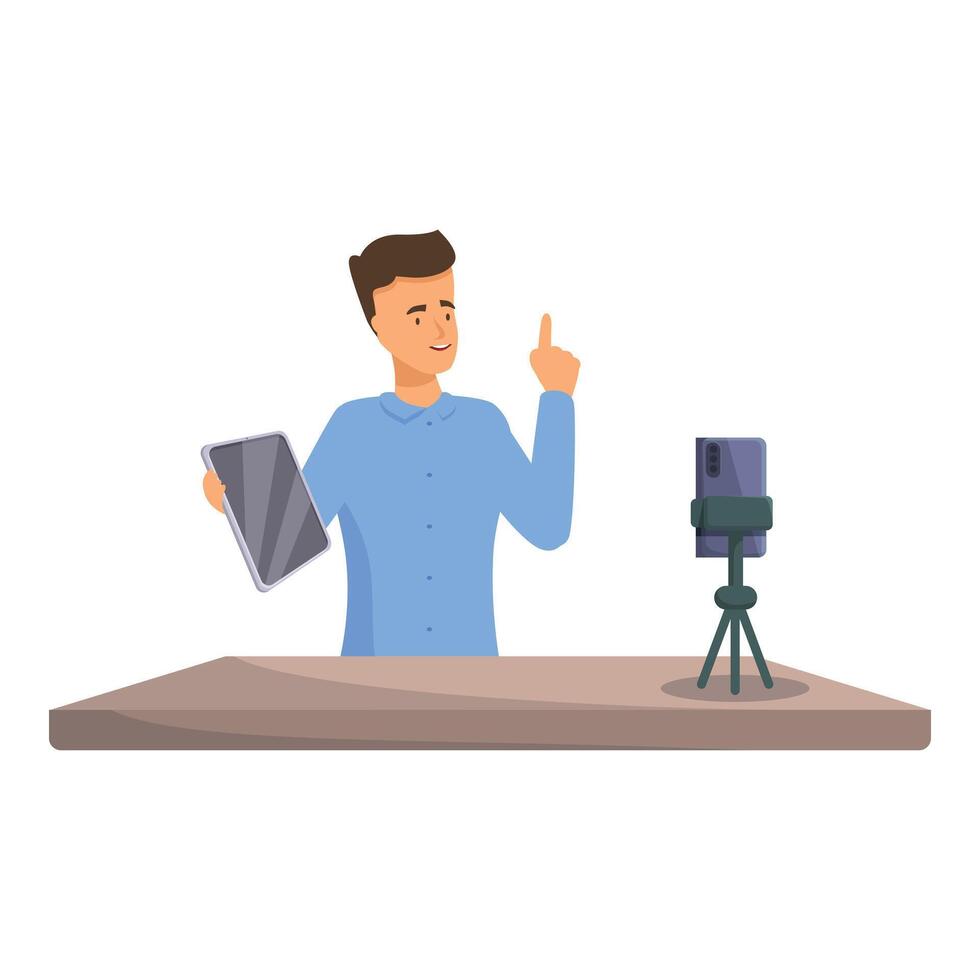 Blogger recording blog using tablet and smartphone on tripod vector