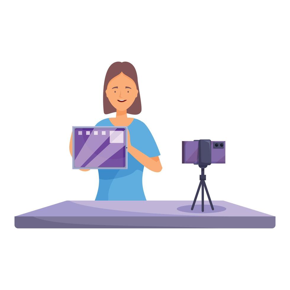 Smiling young woman recording blog using tablet and smartphone vector