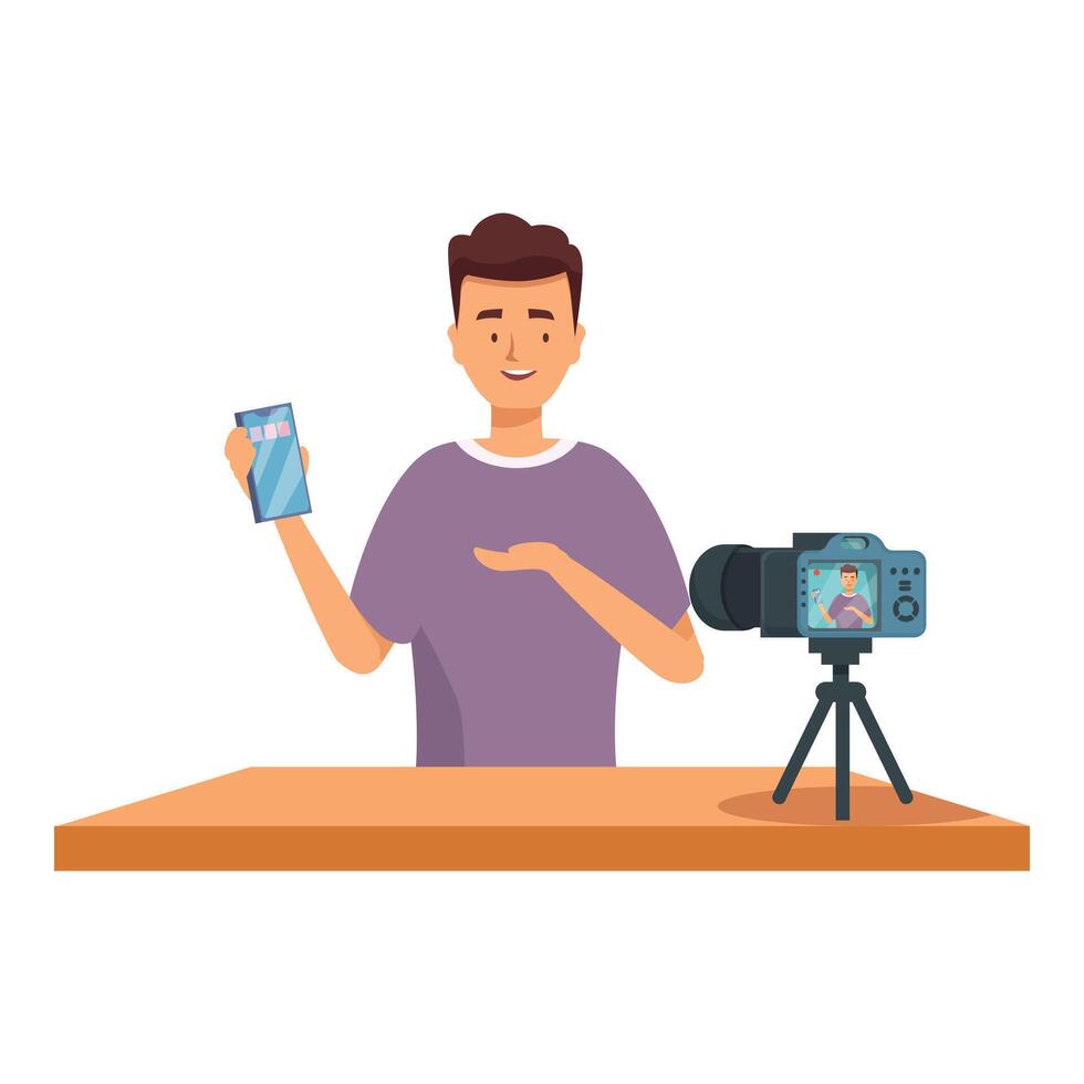 Influencer recording blog about new smartphone using camera on tripod vector