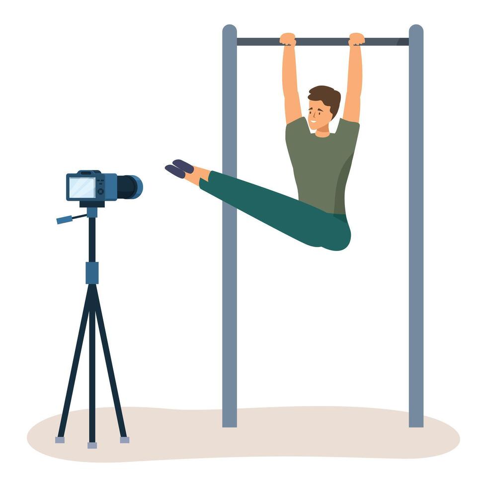 Sportsman recording exercise with camera on tripod vector