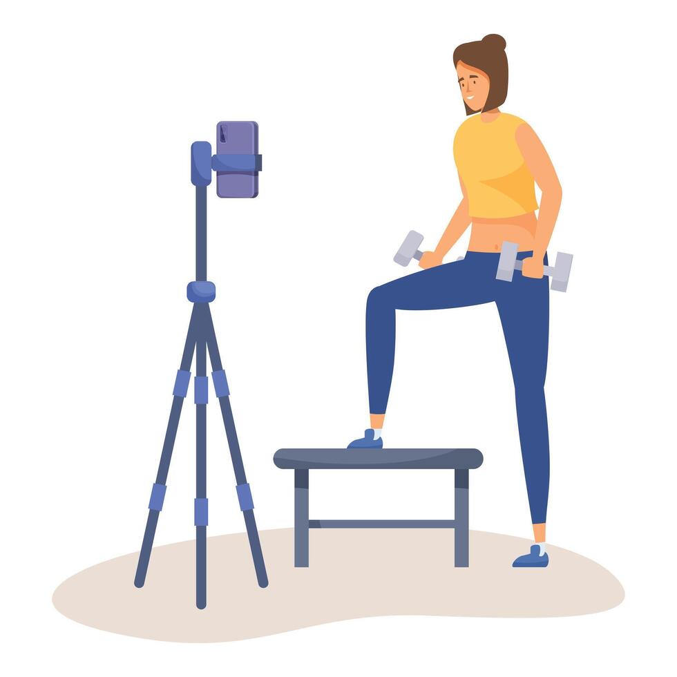 Fitness blogger recording workout using smartphone on tripod vector