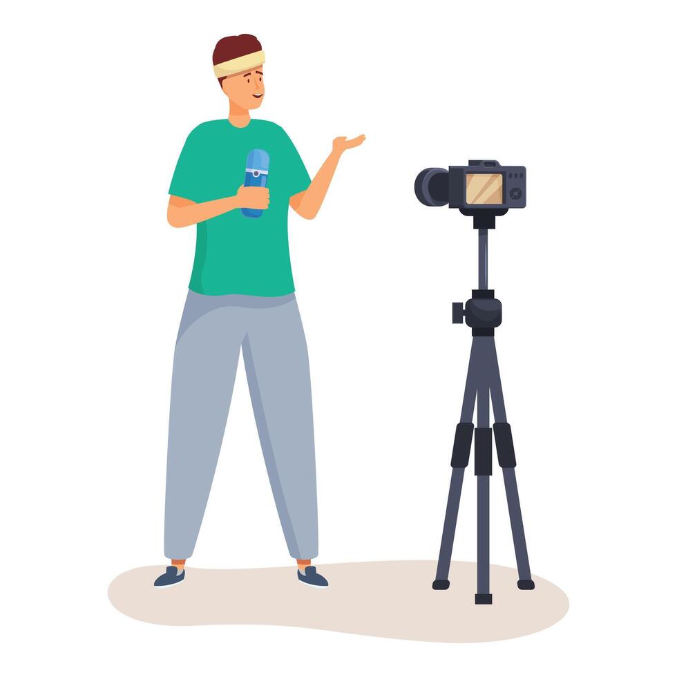 Young man in casual clothes recording blog using camera on tripod vector