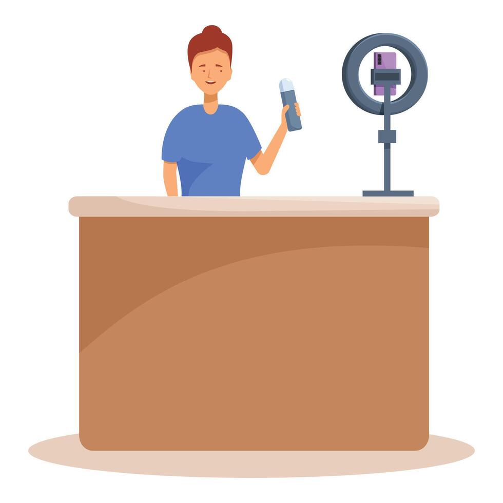 Young woman recording a product review with a smartphone for her vlog vector