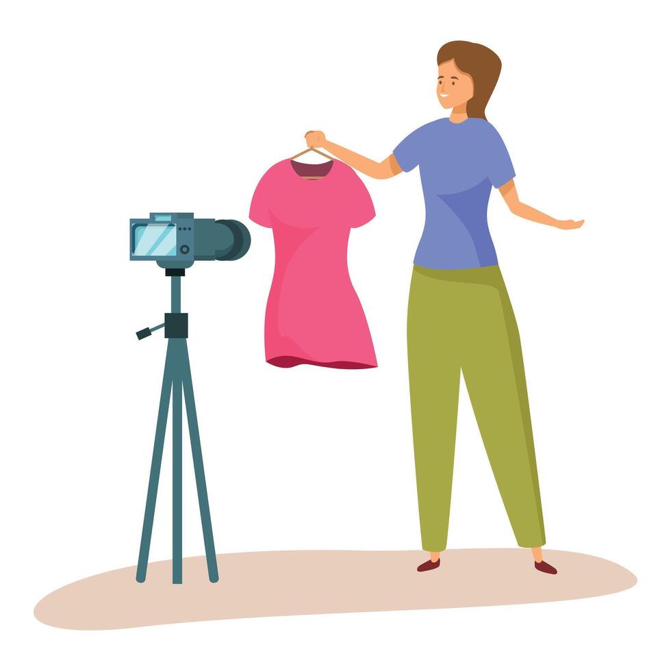 Fashion blogger showing clothes online using camera on tripod vector