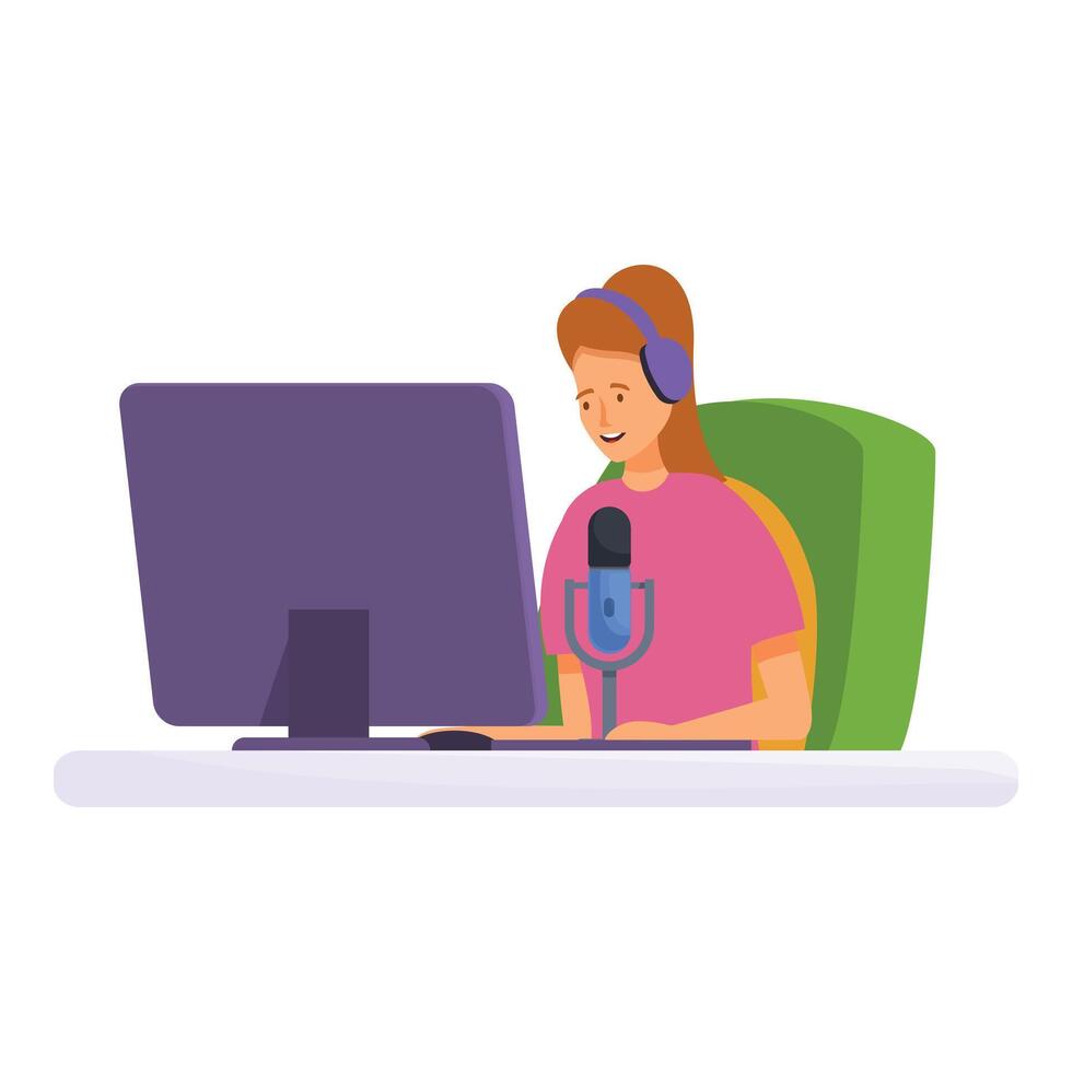 Young woman podcaster recording audio content using computer at home studio vector