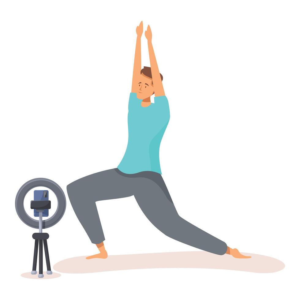 Sportsman practicing yoga online using smartphone on tripod with ring light vector