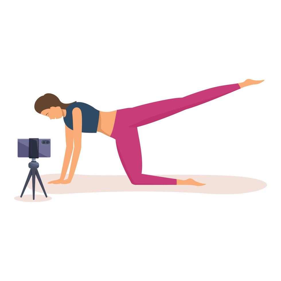 Young woman doing fitness exercises at home watching online tutorials on smartphone vector