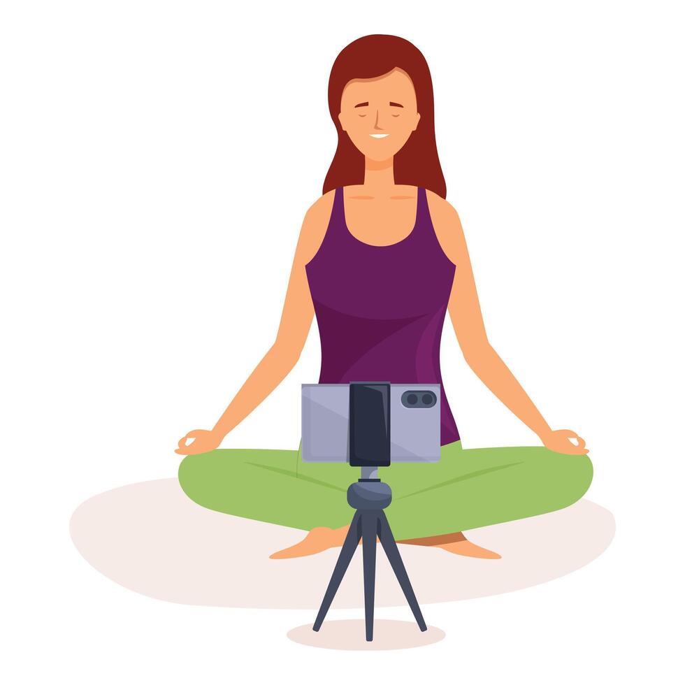 Yoga teacher recording online class with smartphone on tripod vector