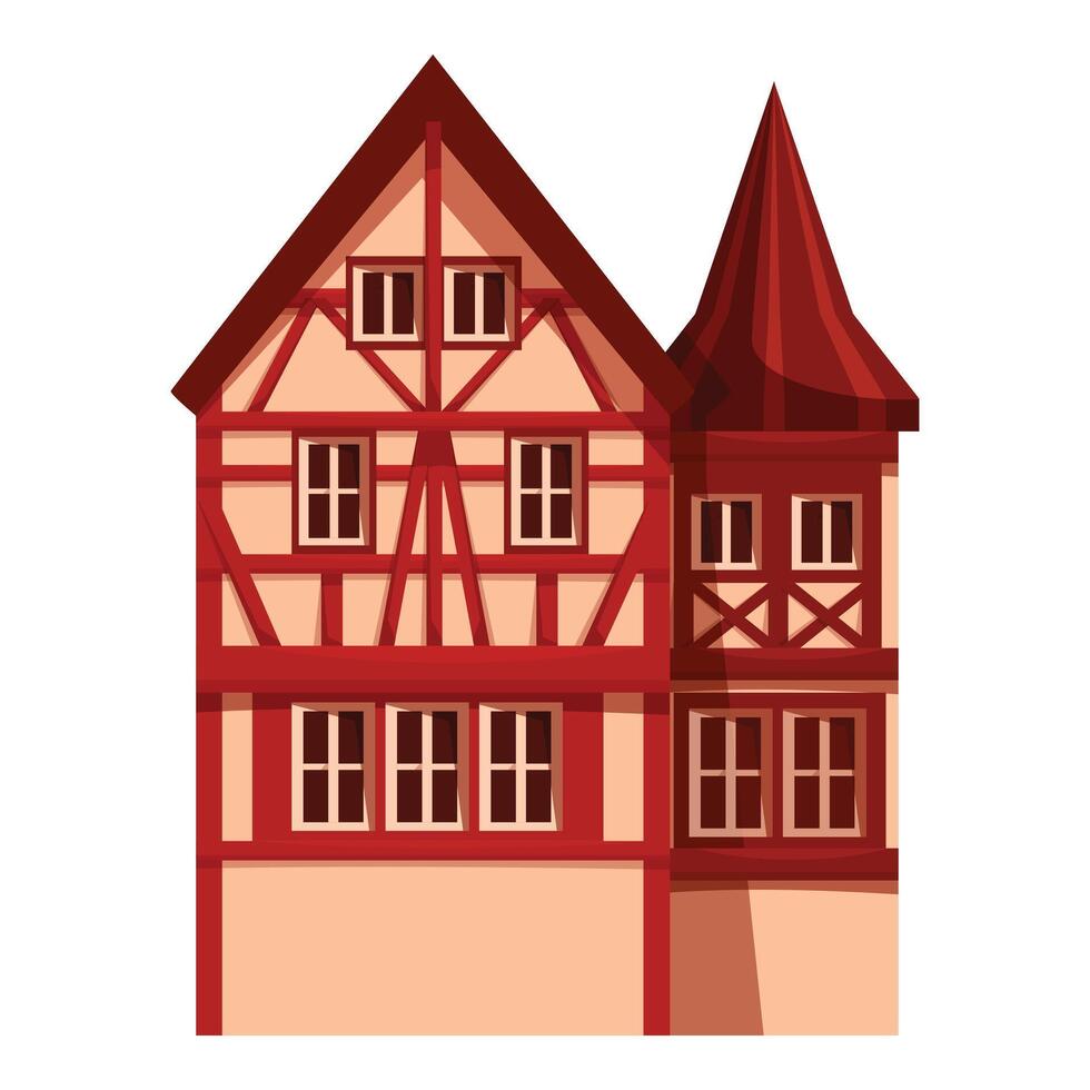 Medieval european house with red wooden facade standing on white vector