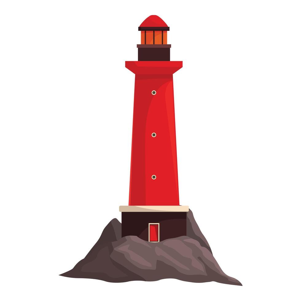 Red lighthouse standing on rocks guiding ships with bright light vector