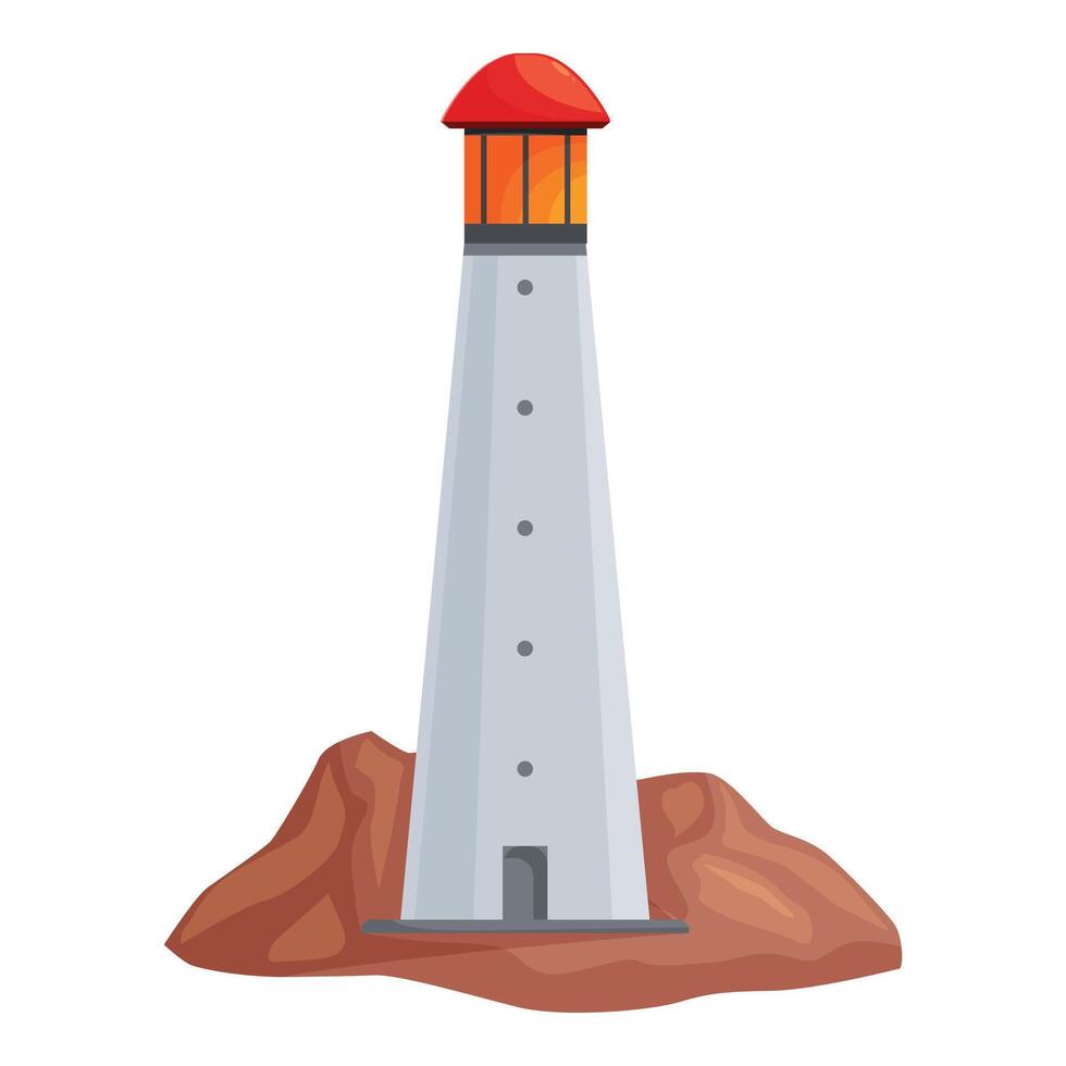 Tall lighthouse standing on rocky coastline guiding ships vector